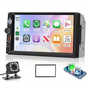 7인치 더블 딘 카 라디오 스테레오, 무선 카플레이 안드로이드 오토, HD 터치 스크린, 블루투스 2 AHD 백업 카메라, 미러 링크, FM EQ SWC, 타입-C USB 고속 충전, 비디오 재생