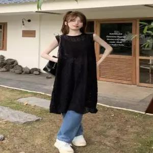 [옷은날개] 2컬러 시원한 뒷트임 포인트 시스루짜임 니트롱조끼