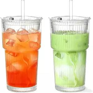 텀블러 리드와 유리 빨대가 포함된 두꺼운 리브드 유리컵 아이스커피 스무디 칵테일 주스용 컵, 투명 550ml