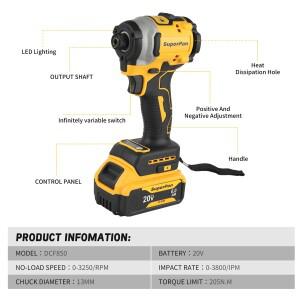 대형 토크 슈퍼팬 DCF850 20V 충전식 무선 임팩트 렌치 리튬 배터리 전동 공구