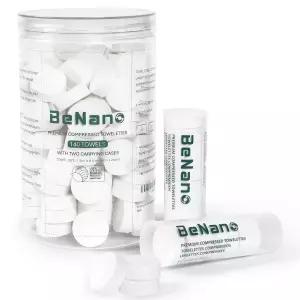 프리미엄 압축 타월 동전 티슈 일회용 화장지 정제 140개 휴대용 케이스 2개 청소용 천 페이스 무향