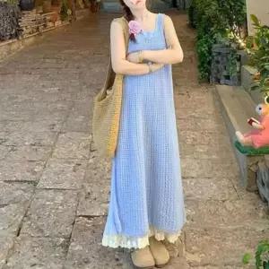 [에이치플러스몰]여성 여름 니트 망사 펀칭 민소매 레이스 롱 원피스