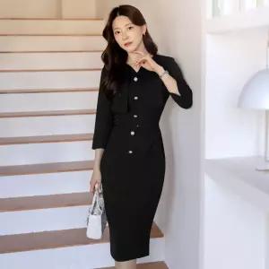 [시크라인] (~XXL까지) 디하엘 케이프장식 벨트 H라인 원피스 봄 가을 하객룩 오피스룩 모임룩 격식룩 빅사이즈