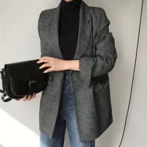 가을 소매 롤업 체크 자켓 여성용 클래식 아우터 테일러드 체크 자켓 데일리룩