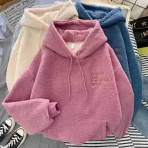 [에이치플러스몰]여성 겨울 양털 후드티 뽀글이 플리스 자수 안감 기모 후드집업