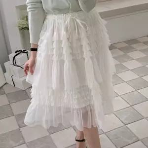 [다잇템] 여자 고무줄 티어드 프릴 비침 발레코어 샤 시폰 스커트