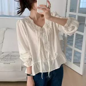 [다잇템] 여자 벌룬 리본 SS 프릴 레이스 비침 블라우스