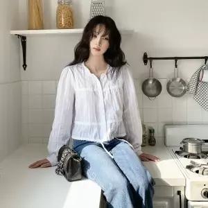 [다잇템] 여자 레이스 귀여운 탱크 V넥 리본 블라우스