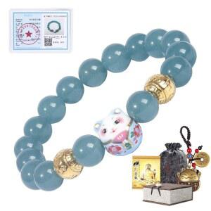 진짜 옥구슬이 달린 비우피쉬 럭키 고양이 팔찌, 세라믹 펜던트, 풍수 행운의 부 기원 구슬 에너지 보호 보석 팔찌 여성 남성 선물용