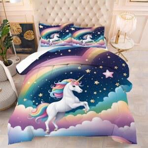 kxry 블루 유니콘 무지개 이불 세트, 갤럭시 소프트 머신 세탁 가능 퀸 침구 사랑스러운 컬러풀 클라우드 이불, 귀여운 별 세트 3개