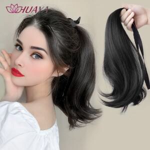 숏 꼬리 마이크로 롤 Drawstring 포니 테일 여성용 합성 블랙 브라운 호환 레이어드 말 헤어 익스텐션 데일