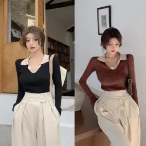 [의류] 니트 골지 슬림핏 봄 배색 카라티 가을 신축성좋은