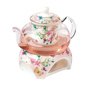 YBK 테크 본 차이나 커피 포트 티포트와 워머 및 티 인퓨저 나비 디자인