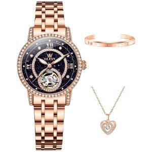 OLEVS 여성 u2019 여성 자동 다이아몬드 투어빌론 럭셔리 패션 스테인리스 스틸 방수 야광 손목시계 여성 선물 로즈 골드 / 별이 빛나는 스카이 블루 / 실버