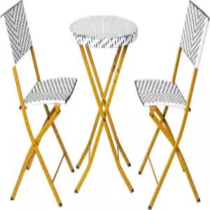 플래시 가구 루앙 상업용 접이식 비스트로 세트 실내/외 PE 라탄 테이블 상판 등받이 및 좌석 천연 스틸