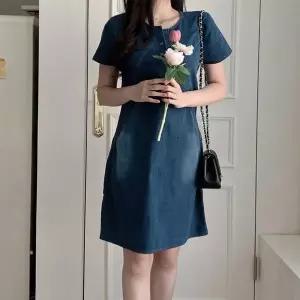 여자 미디 원피스 데님 반소매 버튼 포켓 청스커트