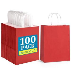 백드림 8x4.25x10.5인치 100Pcs 빨간색 선물 가방 중간 크기 결혼식용 손잡이 있는 크래프트 종이가방 파티 선물 비즈니스 크리스마스 식료품 종이 자루