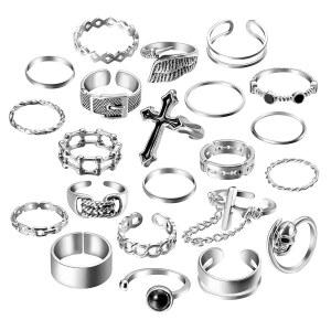 팬타이드 빈티지 펑크 링 세트 고딕 너클 미디 조절 가능 합금 체인 벨트 크로스 스태커블 핑거 하프 오픈 패션 조인트 쥬얼리 (실버) 22Pcs