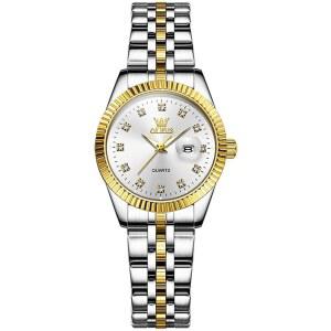 OLEVS 여성 스테인리스 스틸 시계 고급 골드 실버 투 톤 읽기쉬운 아날로그 쿼츠 원피스 시계 우아한 방수 야광 캘린더 데이트 여성 손목시계