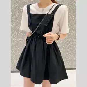 스퀘어넥 뷔스티에 스트랩 미니 속바지 멜빵 원피스 (18136861A)