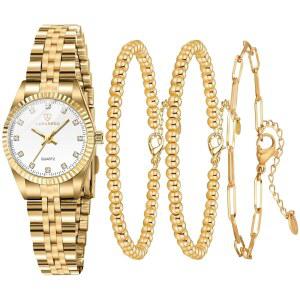 타임버 골드 여성 시계 세트 여성 18K 골드 도금 뱅글 팔찌 반지 빛나는 발렌타인데이 기념 생일 선물이 포함된 다인티 레이디스 손목 방수 아날로그 시계