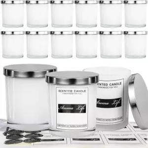 크레아하우스 10온스 양초 제작용 금속 뚜껑이 있는 두꺼운 병 16팩 내부 흰색 빈 유리 용기 및 스티커