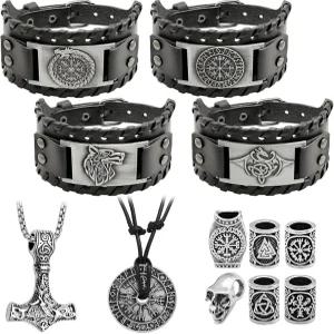 Aswitnove 12개 바이킹 팔찌 노르딕 부적 액세서리 남성용 룬 컴퍼스 드래곤 펜리르 울프 목걸이 헤어