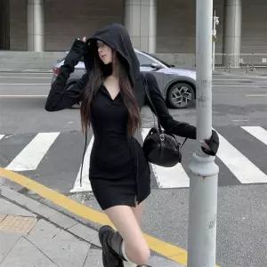 클럽옷 긴팔 후드 원피스 봄가을 허리밴딩 슬림 타이트 랩 스커트 심쿵직구