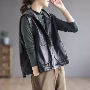 여성조끼 앤티크웨어 봄가을 PU가죽 후드 조끼 나시 빈티지 빅사이즈 가디건 심쿵직구