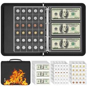 손잡이가 있는 수집가용 코인 바인더, 방화 400 포켓 코인 컬렉션 앨범 및 36 종이 화폐 책 소매, 동전 및 지폐 정리함 홀더 쿼터, 페니, 12.8x10.2x1.8인치