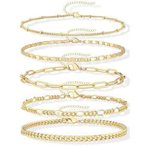 여성용 고키 골드 팔찌 세트 비타니쉬 트렌디, 14K 도금 다인티 스태커블 페이퍼클립 쿠바 링크 체인 팔찌, 심플한 귀여운 커프 주얼리 조절 가능 7