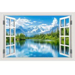 가짜 창문 벽 벽화 스티커 마운틴 레이크 숲 나무 붙이기 예술 그림 포스터 데칼 장식 막대기 껍질 벗기기 풍경 자연 경관 장면 48