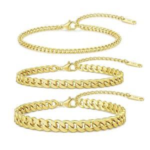 여성용 Jacruce 3PCS 발목 팔찌 14K 골드 도금 스테인리스 스틸 발찌 방수 실버 쿠바 링크 레이어드 플러스 사이즈 주얼리 세트 여성 선물