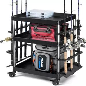 구세주 장비 이동식 태클 스테이션 16 낚싯대 홀더 카트(바퀴 포함) 다양한 낚싯대와 릴을 위한 조절