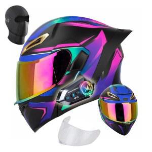 블루투스 기능이 있는 여성용 오토바이 헬멧 - 듀얼 바이저 DOT 모듈식 헬멧, 스피커 및 마이크 풀페이스 퍼플 뒤집기