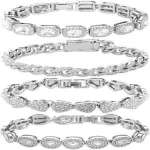 여성 하트 참 테니스 팔찌 패션 쥬얼리 파티 데일리웨어용 Avxzbef 4Pcs 실버 쿠바 링크