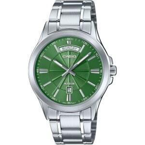 카시오 MTP1381D-3AV 남성 빈티지 클래식 스테인리스 스틸 그린 다이얼 데이 아날로그 시계