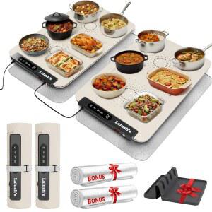 랄루시 u2019e XL 전기 식품 워밍 매트 24 15 (2팩) - 변색 표면 8 온도 레벨 6 타이머 차일드 락 병렬 연결 절연 패드 숟가락 받침대가 있는 그래핀 발열