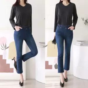 롱다리 허리밴딩 청바지 밑단 컷팅 여자 8부데님 스판 qqL4+4SKx