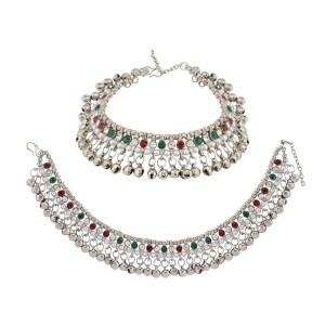 여성용 에풀겐츠 인도 신부용 발리우드 공루 잔자라 가짜 쿤단 진주 발목 팔찌 세트 벨 발찌