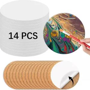 공예용 14개의 PCS 원형 세라믹 타일 4x4인치 및 자가 접착 코르크 매트 유리되지 않은 코스터 알코올 잉크