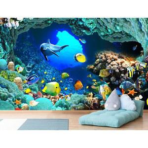 레이후이 해저 세계벽 벽화 바다 물고기 벽화벽지 거실 침실 식당용 벽장식(자가 아님)