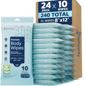 240 XL 샤워 물티슈 u2013 바디 헹굼 금지 캠핑 여행 헬스장 침대 관리를 위한 알로에 & 비타민 E가 함유된 10 엑스트라 모이스트 배스 24팩