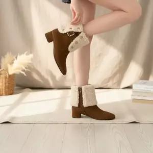 여성 라이닝 중간힐 FUR 발목 세무 스퀘어 부츠