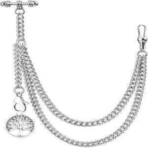 트리 디자인 펜던트 실버가 있는 Kchss 싱글 앨버트 포켓 시계 체인 T-바