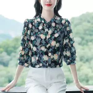 패브릭픽 여자 실크 가을 누에고치 쉬폰 슬림핏 블라우스 상의 7부 HO3