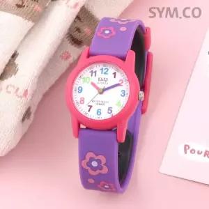 큐앤큐 VR99J-001Y 학습에 좋은 퍼플 플라워 캐릭터 어린이 아동 우레탄 시계 d