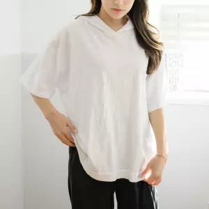 유니스 반팔 빈티지 루즈핏 면 슬라브 롱 후드티 롱티 레이어드 데일리룩 (원단 조직감 최고)