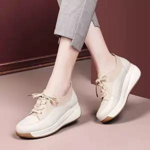 피카소 발편한 여성용 수제 소가죽 끈 배색 키높이 운동화 컴포트화