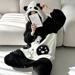 팬더 로브 극세사 코스튬 수면잠옷 긴팔 바지 세트 원피스 가운 여성 기모 파자마 겨울 파티